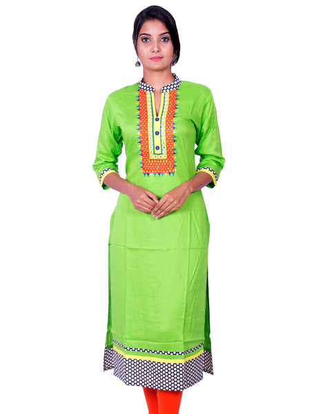 Lime Green Pure Rayon Embroidered Long Sleeve Kurti from Joshuahs