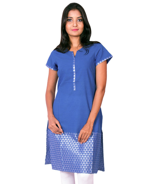 Prussian Blue with Silver Thread Jaquard South Cotton Dobby  Kurti from Joshuahs