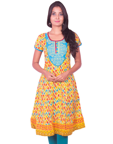 Yellow Printed with  Embroidery Work Anarkali Kurti from Joshuahs