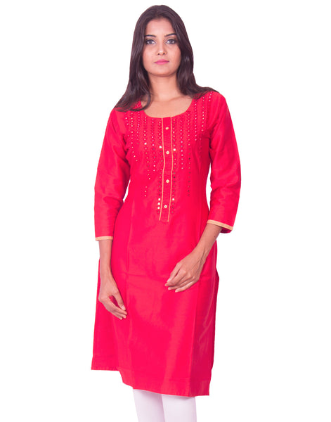 Crimson red with mirror work cotton satin straight-cut kurti from joshuahs