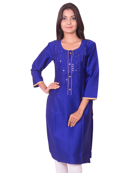 Ink blue with mirror work cotton satin straight-cut kurti from joshuahs