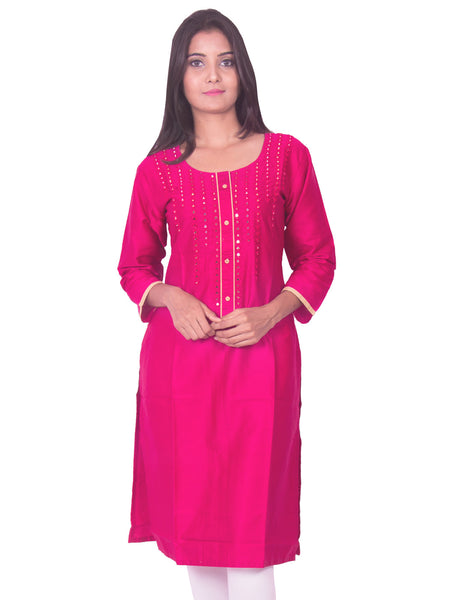 Rani pink with mirror work cotton satin straight-cut kurti from joshuahs