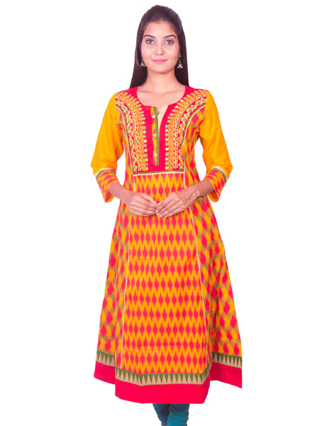 Golden Yellow Front and Back Printed Cotton Flared Kurti from Joshuahs