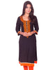 Jet Black with Orange Embroidered Pure Rayon Straight Cut Kurti from Joshuahs