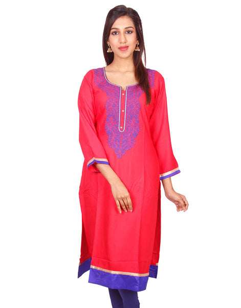 Pink  with Ink Blue  Embroidered Pure Rayon Straight Cut Kurti from Joshuahs