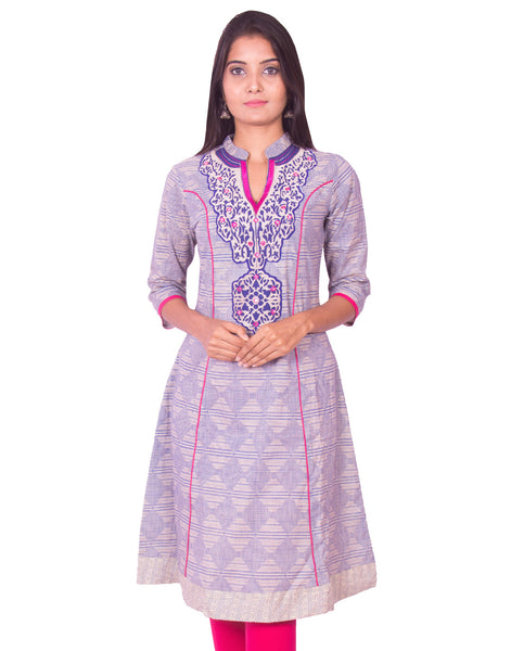 Printed Chiku With Pink Embroidery Anarkali Long Sleeve Kurti from Joshuahs
