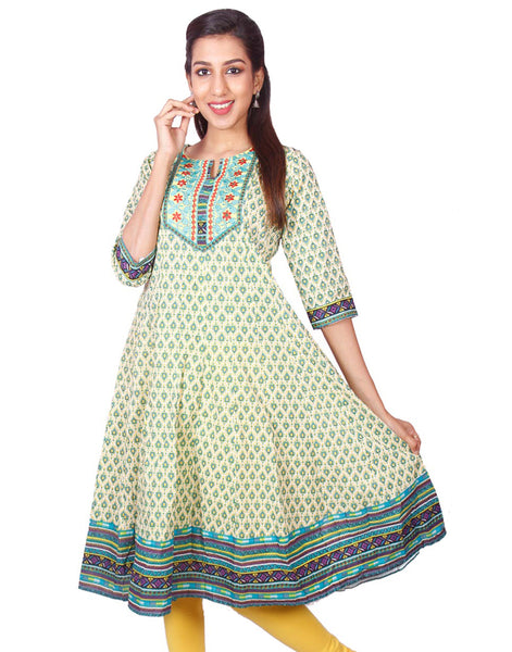 Casual Green Printed Long Sleeve Wide Flared Kurti from Joshuahs