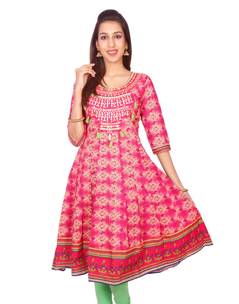 Casual Pink Printed Long Sleeve Wide Flared Kurti from Joshuahs