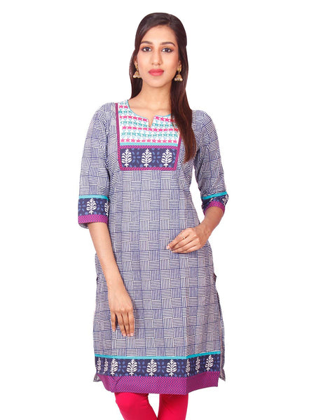 Navy Blue Casual Printed Long Sleeve Wide Flared Kurti from Joshuahs