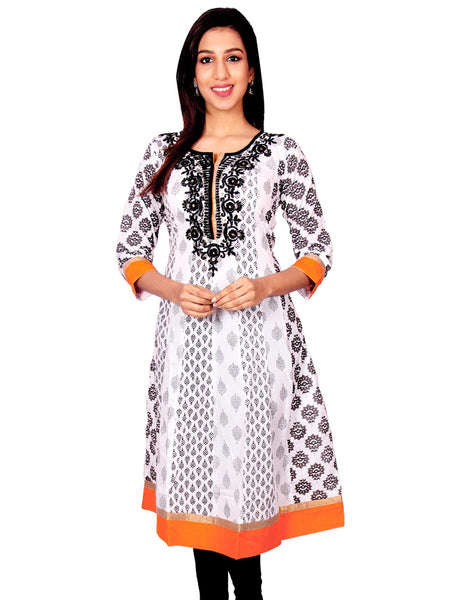 White with Black Printed with Embroidery Work Anarkali Kurti From Joshuahs