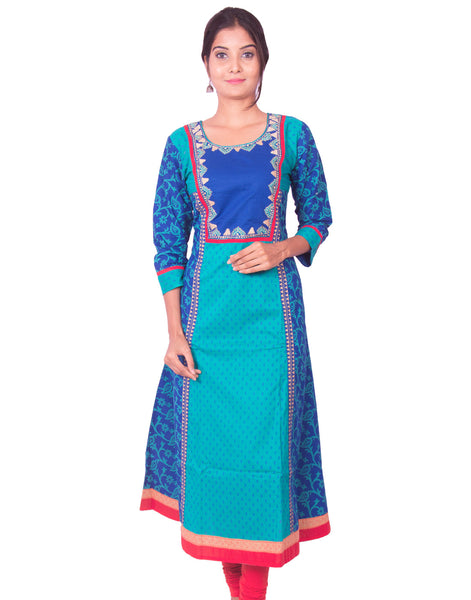 Green and Blue Printed Cotton Wide Flared Long Sleeve Kurti from Joshuahs